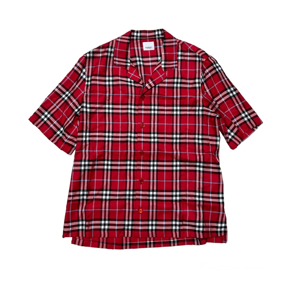 New Burberry Rugeley IP Check Button Up Camp Shirt Chili Red Size Small